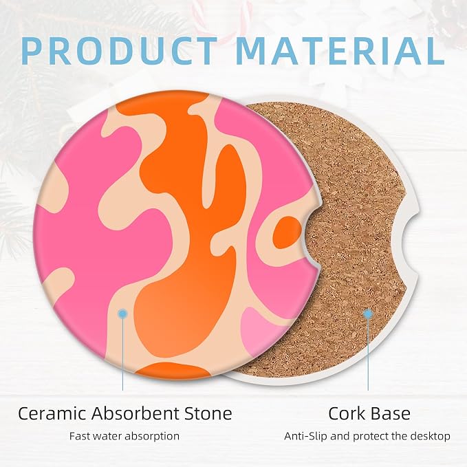 2 Pack Car Coasters for Cup Holders, 2.56" Universal Absorbent Ceramic Stone Car Cup Holder Coasters with Non-Slip Cork Base, Car Interior Accessories for Women Men(Pink Modern Abstract)