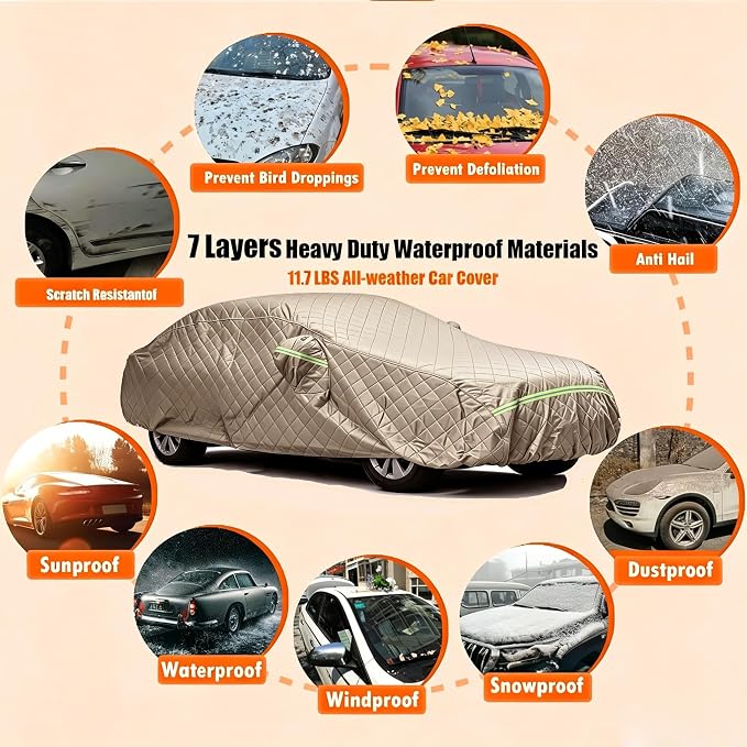 7 Layers Waterproof Cover, Heavy Duty Car Covers with Zipper Door, All-Weather Car Cover – Protects Against UV Rays, Hail, Water, Dust & Snow, Universal Fit Sedan 186" to 193"(Khaki)