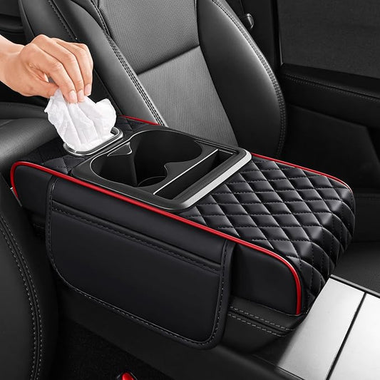 5 in 1 Nappa Leather Console Armrest Cover, Black Red Stitch | Built-in cup holder, tissue slot, phone holder & 2 storage pockets, practical car accessories fit SUV sedan truck