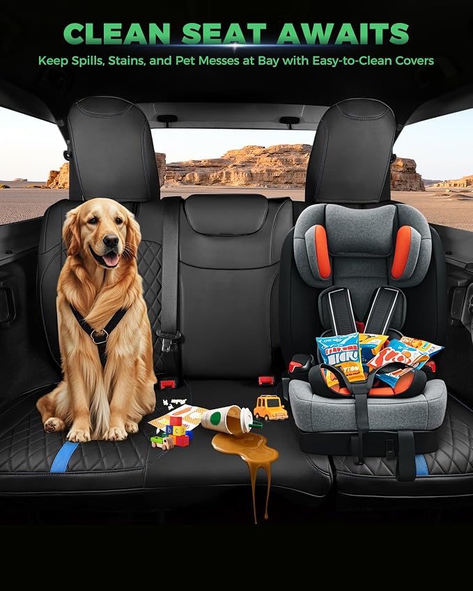 for Jeep Wrangler Seat Covers 4Door JL 2018 2019 2020 2021 2022 2023 2024 2025 2026, Custom Car Seat Cover Full Set, Luxury Waterproof Leather Protectors, Black Blue Trim, W/O Rear Cup Holder