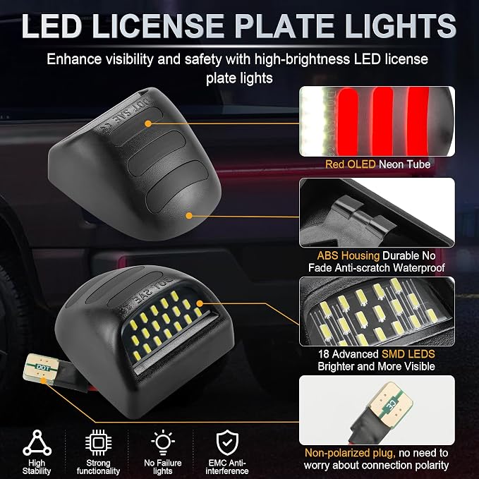 LivTee License Plate Light, Tag Lights for License Plate, 2PCS LED License Plate Light Assembly, Fits for Chevrolet, Fits for Silverado, Fits for GMC, Fits for Cadillac, Xenon White with Red Stripes