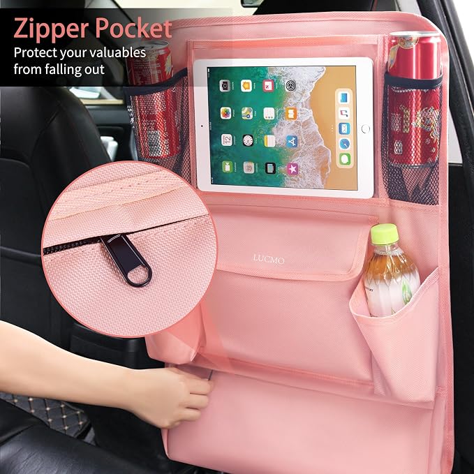 LUCMO Car Backseat Organizer with Touch Screen Tablet Holder, Pink | 9 Storage Pockets,Clear Tablet Holder,Protectors Kick Mats,Travel Accessories,Seat Cover,Road Trip Essentials