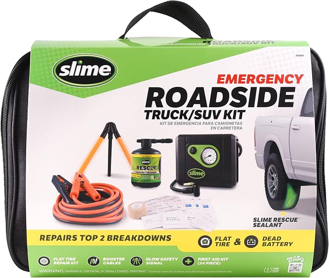 Slime 50160 Emergency Roadside Kit with Flat tire Repair and Booster Cables for Truck/SUV, Heavy-Duty Vehicles