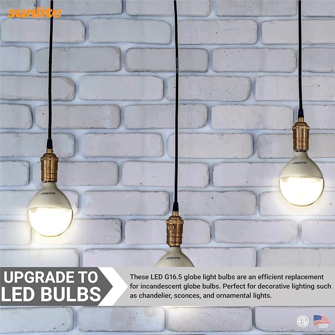 Sunlite G16.5 Light Bulb LED, 5 Watts (40W Equiv.), 350 Lumens, Dimmable, Type G Globe Shape E12 Candelabra Base, Short Bulbs, Vanity Mirror Bulbs, 4000K Cool White, Clear, 6 Count