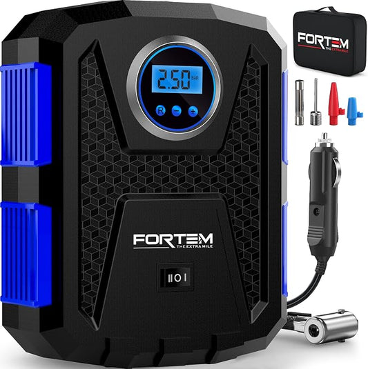 FORTEM Tire Inflator Portable Air Compressor, Air Pump for Car Tires and Bikes, Car Tire Pump w/Auto Shut Off, 150 PSI, 12V DC, LED Light, Carrying Case, Perfect For Men, Women