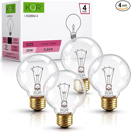 (4 Pack) G25 Globe Light Bulbs – 25W Incandescent, 2700K Soft White, E26 Base, Dimmable – Crystal Clear Vanity Bulbs for Bathroom, Mirror, Pendant Fixtures