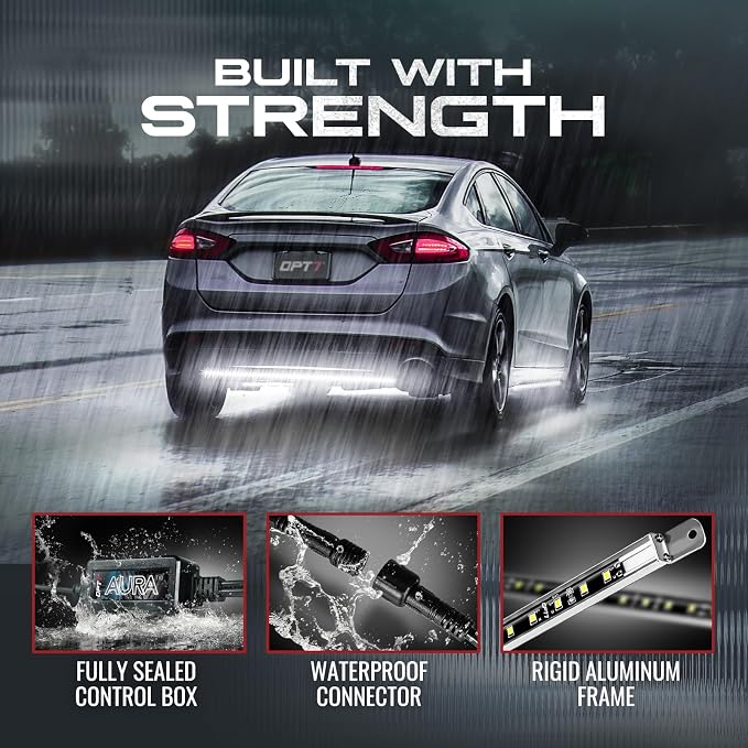OPT7 Aura Aluminum White Underglow Lights for Car with Remote Control | Rigid LED Light Bars, Bright White Ground Glow, Waterproof Exterior Underbody Lighting, 12V Car Accessories, Universal Fit