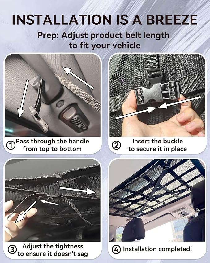 Car Ceiling Cargo Net with 2 Pockets - 35.4"x25.2" Cross-Strap Reinforced Double-Layer Mesh Organizer, Adjustable for SUVs - Road Trips, Camping, Commuting Storage Organization