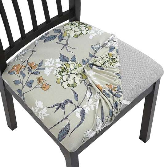 SearchI Seat Covers for Dining Room Chairs Stretch Printed Chair Seat Covers Set of 4, Removable Washable Upholstered Chair Seat Protector Cushion Slipcovers for Kitchen, Office(Green Flower)