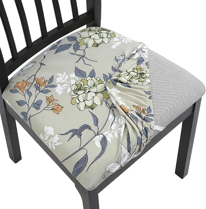 SearchI Seat Covers for Dining Room Chairs Stretch Printed Chair Seat Covers Set of 6, Removable Washable Upholstered Chair Seat Protector Cushion Slipcovers for Kitchen, Office(Green Flower)