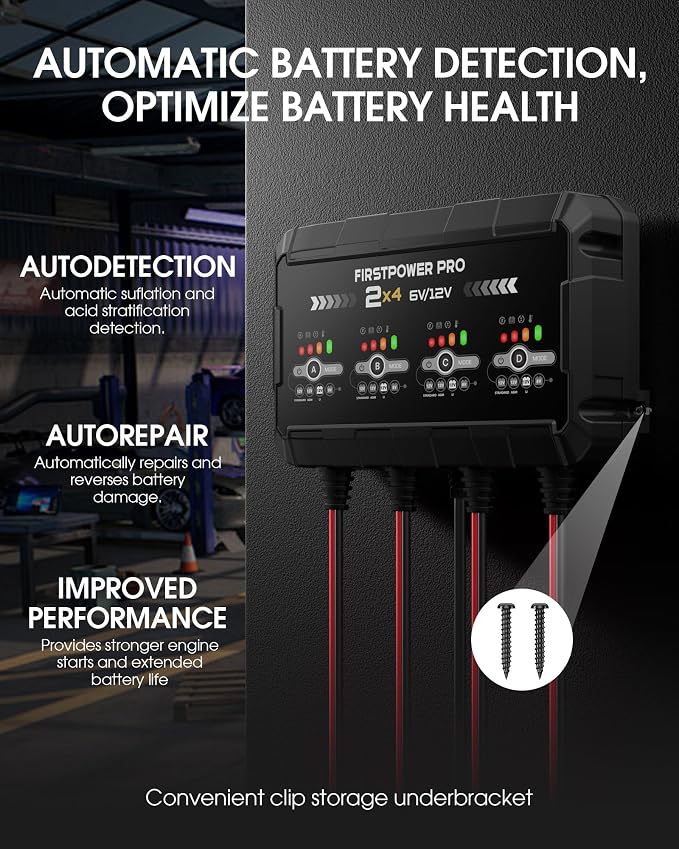 8A 4-Bank Car Battery Charger (2A/Bank) - 6V & 12V Automatic Trickle Charger, Motorcycle Battery Maintainer & Desulfator with Overcharge & Temperature Compensation – for Lead Acid, AGM, Gel, LiFePO4