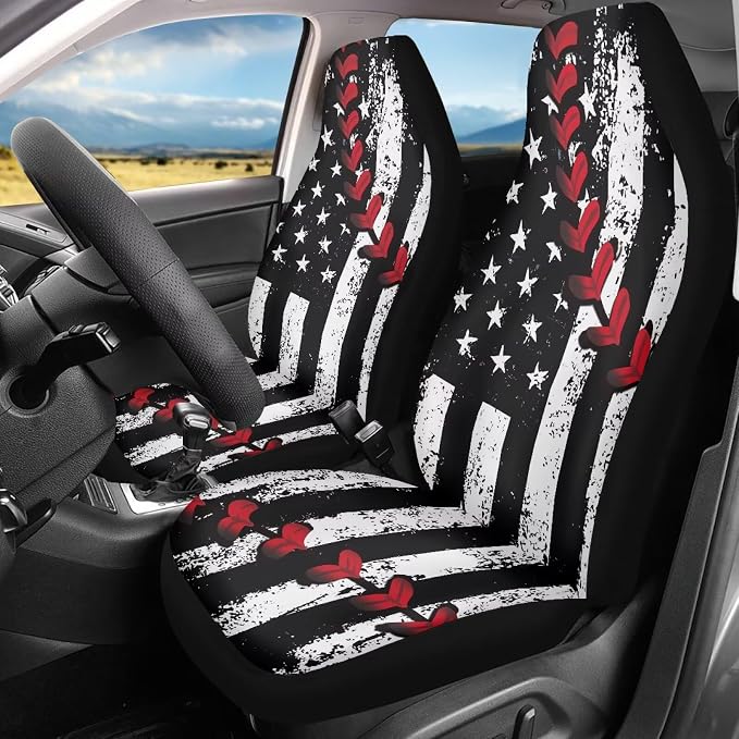 American Flag Car Front Seat Covers Baseball Stitch Car Seat Covers Set of 2 Removable Automotive Accessories Universal Fit for Cars,Sedans & SUVs