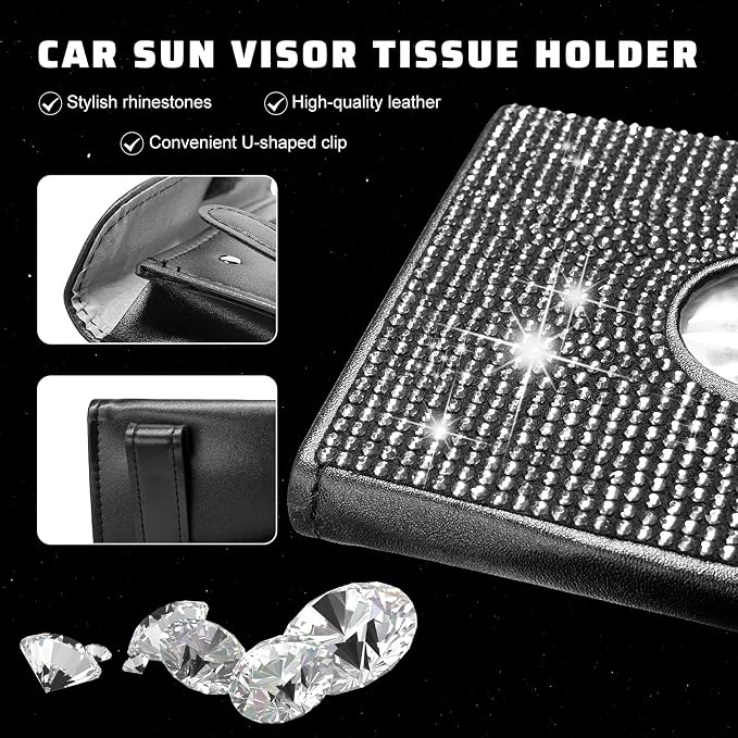 Bling Car Sun Visor Tissue Box Holder, Sparkling Auto Sun Visor Napkin Box Mask Holder, PU Leather Glitter Rhinestone Backseat Paper Towel Case for Cars Trucks SUVs (White)