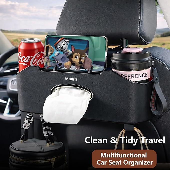Mu&Ti Back Seat Car Organizer with Cup Holders Tissue Box Holder, Phone Stand and Hooks Multifunctional 4 in 1(Black)