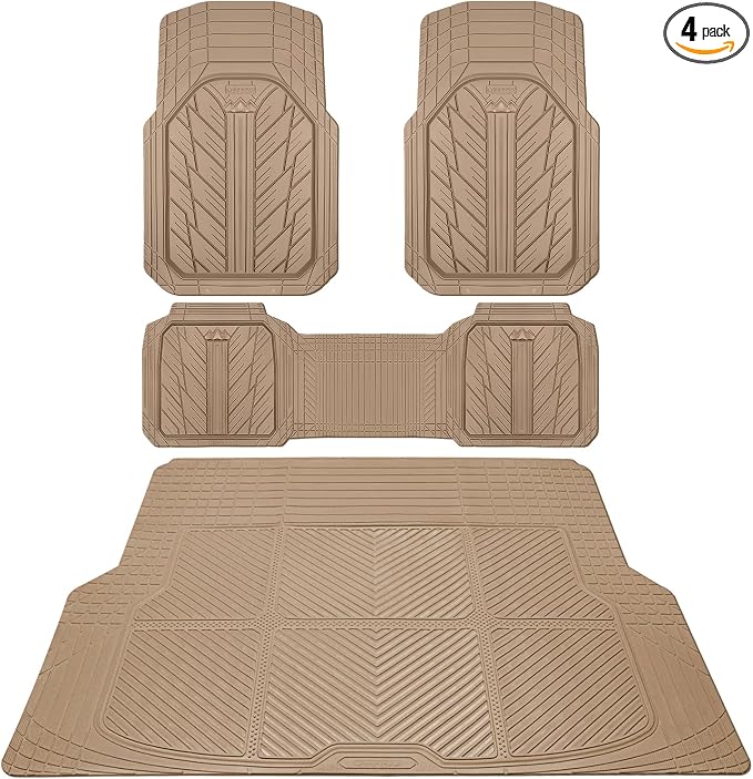 CAR PASS Floor Mats for Cars M-L Size, Heavy Duty Rubber Floor Mats with Trunk Cargo Liner, Universal Trim-to Fit Automotive Floor mats for Truck Van SUV Waterproof All Weather Car Mats All Beige