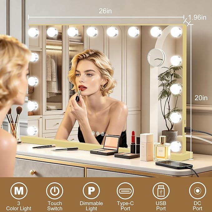 Ratsamee Gold Hollywood Vanity Mirror with Lights, 17 Dimmable Bulbs, 3 Color Lights,Make Up Lighted Mirror, Aluminum Metal Frame, USB Charging Port（26" x 20"）