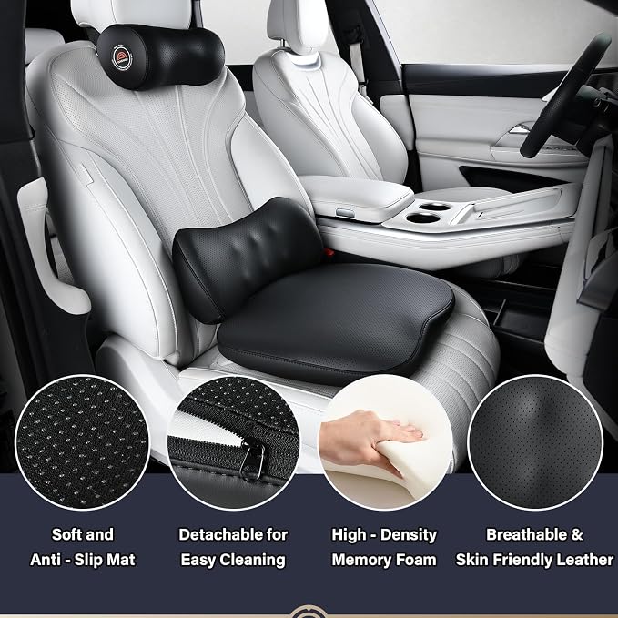 Coverado Seat Cushion and Lumbar Support Pillow for Driving Seat, Neck Headrest Pillow with Adjustable Strap, Soft and Breathable PU Leather, High Density Memory Foam for Neck & Lower Back Pain Relief