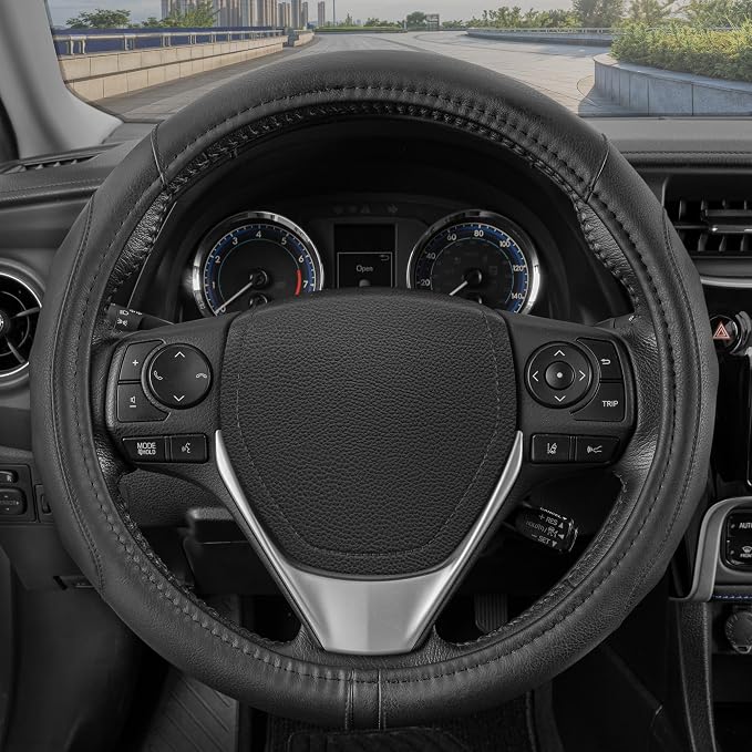 Motor Trend GripDrive Faux Black Leather Steering Wheel Cover for Car Truck Van SUV, Standard 15 inch Size, Solid Black Stitched Car Steering Wheel Cover Vehicle & Auto Accessories