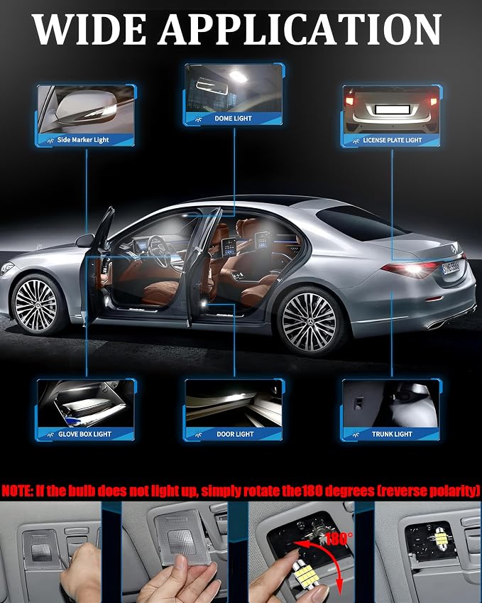 24 Pieces Car interior led lights Dome Bulb Kit Set T10 194 578 42mm DE3175 31mm Bulb Interior Replacement for Car Map License Plate Door Side Marker Trunk Light, White