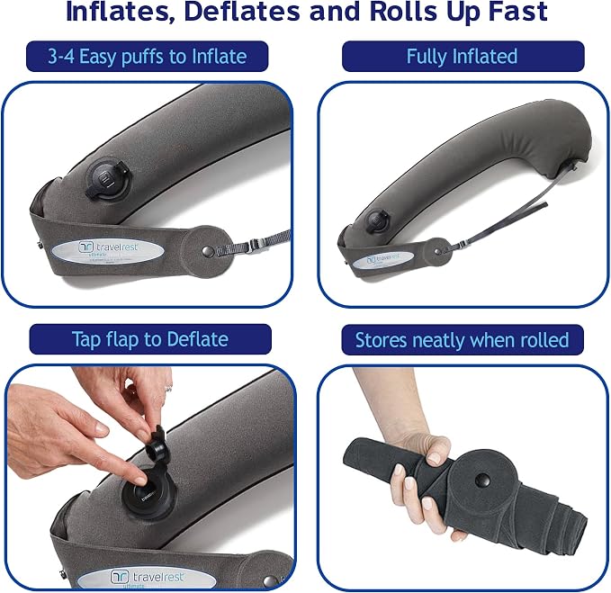 travelrest Ultimate Inflatable Neck Support & Body Pillow - Airplane Pillow for Long Flight Comfort, Travel Essentials, Sleeping Accessories, Headrest Support Seat for Car (Grey)