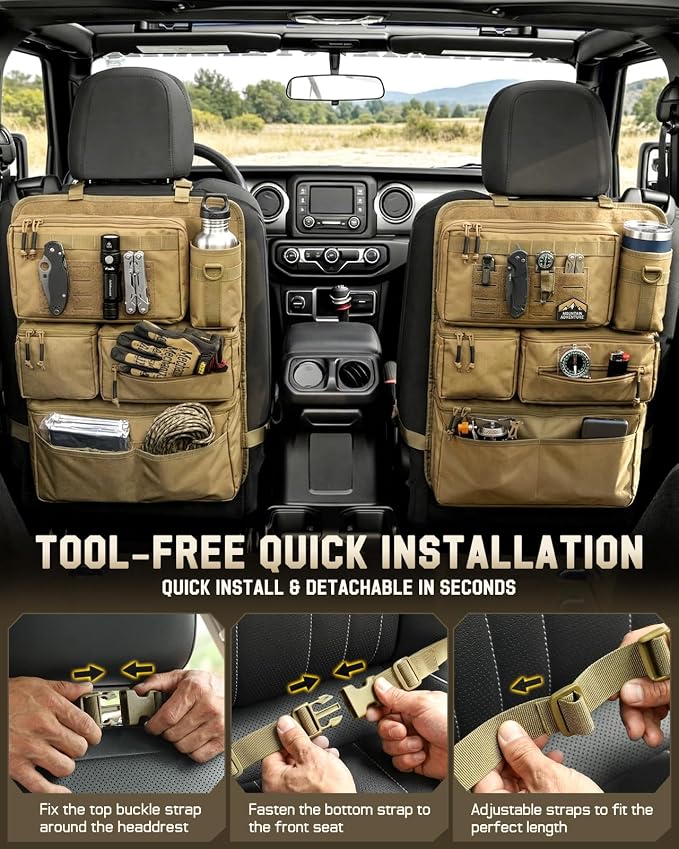 All in One Car Seat Back Organizer Fit Most Cars SUV Trucks Jeeps | Heavy Duty Molle Panel Seat Back Protector with Multi-Pockets Storage, for Tools, Toys, Camping, Travel, Daily Commuting