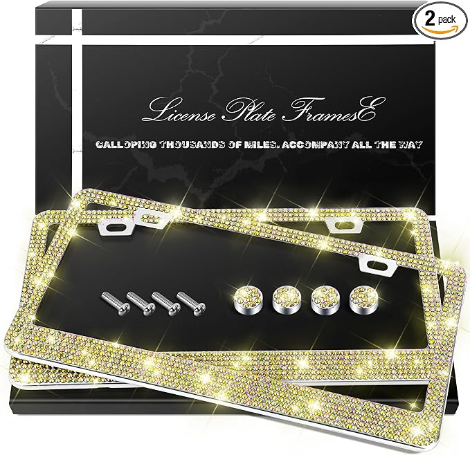 QUANQIUFEI 2 Pack Bling License Plate Frames, Sparkly Rhinestone Diamond Car License Plate Cover for Women, Stainless Steel Car Accessories with Glitter Crystal Caps (Golden)