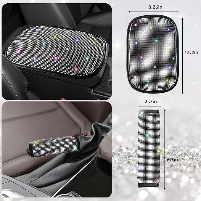 NBTEPEM 30 Pcs Multicolor Bling Car Accessories Set for Women, Steering Wheel Cover Set, Bling Console Cover, Seat Belt Cushion, Shift Knob Cushion, Cup Coaster, Rhinestone Car Hanging Accessories