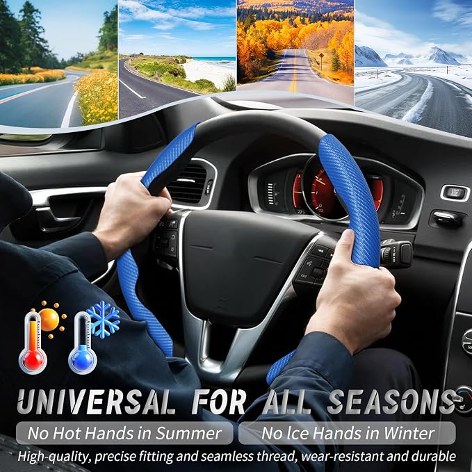 WOCOCN 2pcs Car Steering Wheel Cover,Anti-Skid Carbon Fiber Steering Wheel Protector for Men Women,Multiple Color Options,Universal for Most Car Interiors Accessories (Bule)