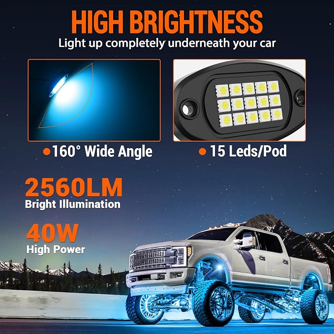 RGB LED Rock Lights 8 Pods - Multicolor Underglow Neon Light Kits, Underbody Lamp Waterproof with APP/Remote Control & Music Mode for Pickup Car Off Road SUV ATV Vehicle