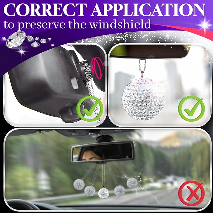 Bling Car Accessories - Elegant 1.37" Crystal Ball Rear View Mirror Charm with Hand-Set Sparkling Rhinestone and 17.7" Long Chain - Bling Rear View Mirror Accessories, Crystal Car Hanging Ornament