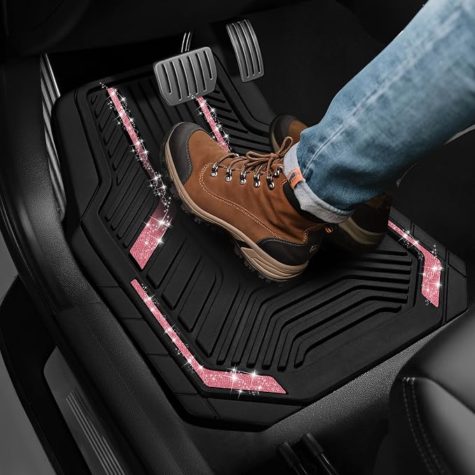 PIC AUTO Car Floor Mats, Hot Pink Sparkly Crystal Bling Glitter Car Mats Set, Front and Rear Heavy Duty Rubber Car Mats with Anti-Slip Backing, All Weather, Trim-to-Fit for SUVs, Trucks, Sedan, Vans