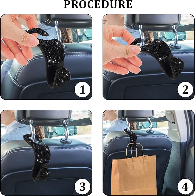 Dermasy® 2 Pack Car Hooks, 2021 New Bling Rhinestones Crystal Hooks Car Decorations Auto Seat Back Organizers Strong and Durable Backseat Hanger Storage Universal for SUV Truck Vehicle (Black)