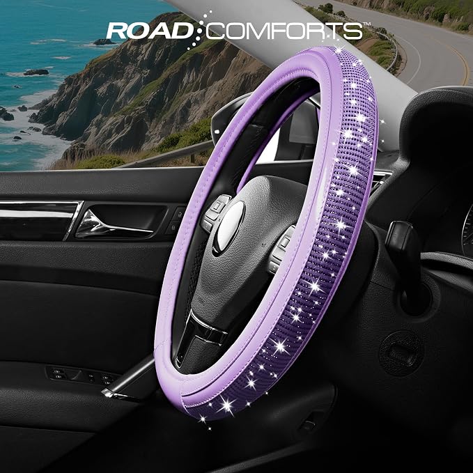 Road Comforts Bling Steering Wheel Cover – Purple Diamond Design, Universal Fit 14.5-15 Inch, Microfiber Leather, Anti-Slip & Breathable Design for Men and Women