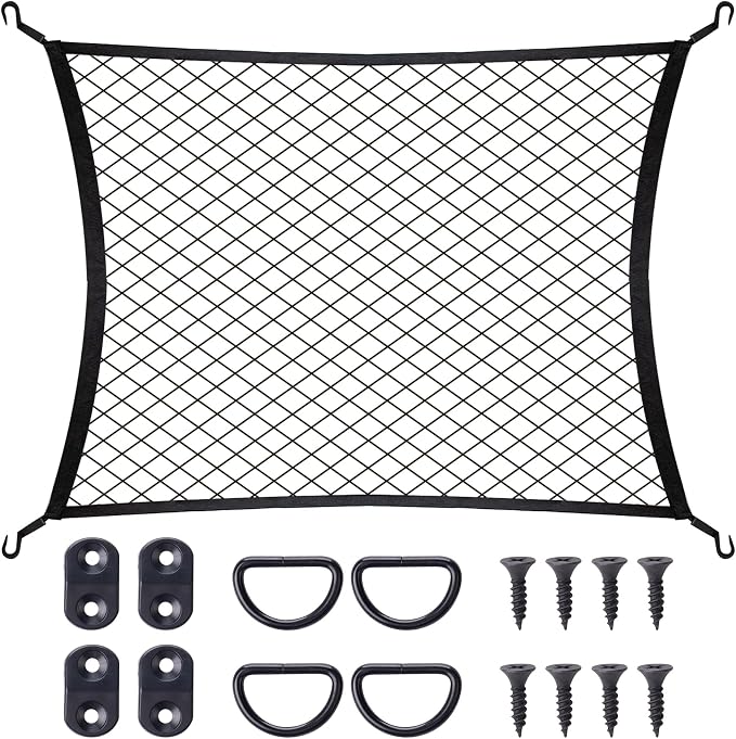 Elastic Cargo Net with Fixing Hooks D-Rings Luggage Cover for SUV Rear Trunk Bed Netting Cover ，Net Stretchable 32" x 24" Stretch to 63"x43"