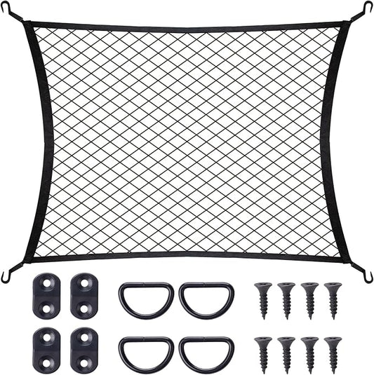 Elastic Cargo Net with Fixing Hooks D-Rings Luggage Cover for SUV Rear Trunk Bed Netting Cover ，Net Stretchable 32" x 24" Stretch to 63"x43"