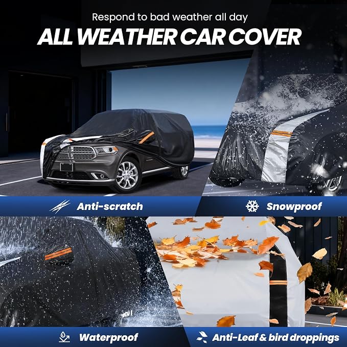 Multi-Layer Car Cover Custom Fit for Dodge Durango(1998-2026), 100% Waterproof All Weather for Automobiles, Gift with Towel, Heavy Duty Car Covers for Rain Sun UV Protection with Door Zipper