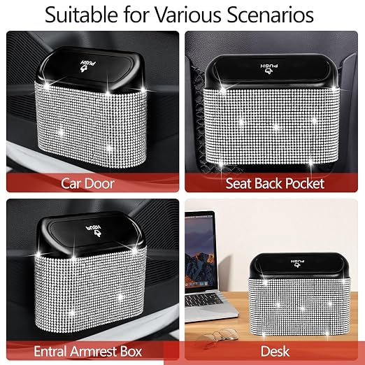 NBTEPEM Bling Car Trash Can with Lid - 2 Pack, Mini Auto Garbage Can with 60 Trash Bags, Automotive Garbage Container Bin, Bling Car Accessories Trash Can for Women (Silver Diamond)