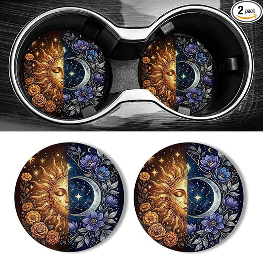 WOCOCN Car Coasters for Cup Holders - 2 Pack 2.75" Universal Rubber Car Cup Coaster, Non-Slip Waterproof Car Interior Accessories, Cute Car Decor Gifts for Women and Men (Sun & Moon)