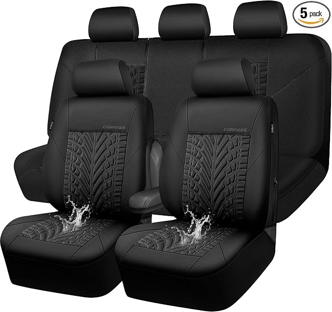 CAR PASS Neoprene Waterproof Seat Covers Full Sets, Wetsuit Car Seat Covers 5 Seats Universal Fit for Vans, Truck, SUV, 3D Tyre Embossed Seat Covers Anti Slip with Armrests, Aibag Compatible(Black)