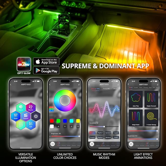 OPT7 Aura DreamColor RGBIC Interior SUV & Van Lights with App & Remote | Chasing Rainbow Effects, Extended Footwell Ambient Lighting, Full SUV Coverage, 3-Row Car Decor, Music Sync, 6PC Kit