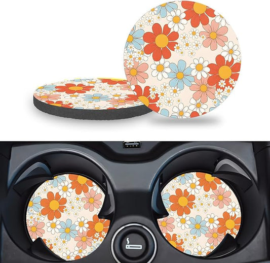 Car Cup Holder Coasters, 2 Pack – 2.75" Universal Auto Anti-Slip Insert Coaster, Rubber Car Coasters, Personalized Car Accessories for Women (Retro Daisy)