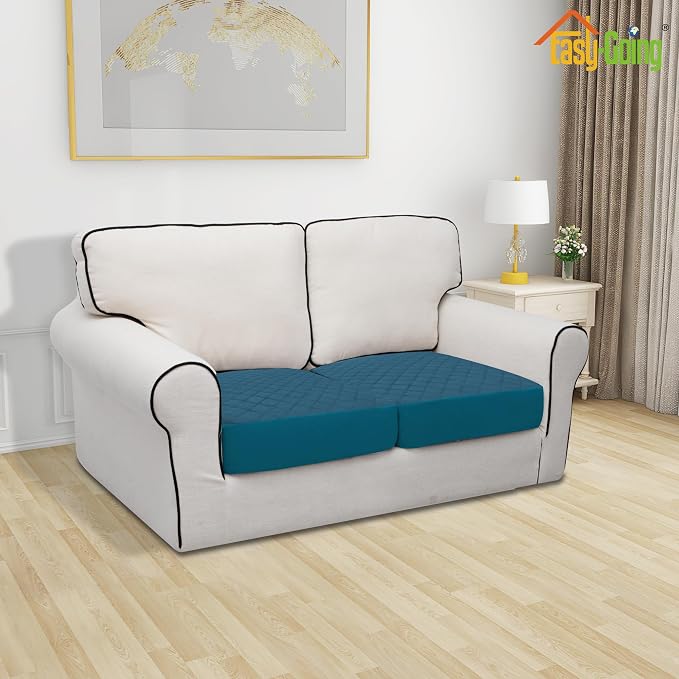 Easy-Going Waterproof Loveseat Cushion Covers, Non-Slip Leakproof Sofa Seat Cushion Slipcovers, Quilted and Stretch Furniture Protector for Dogs, Pets (2-Piece Loveseat Cushion, Peacock Blue)