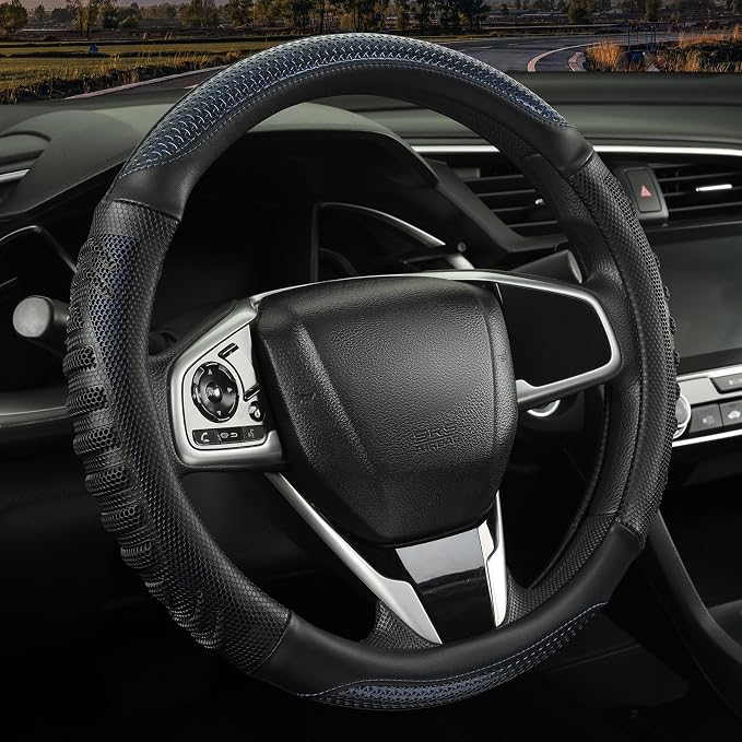 Anti-Slip Silicone Steering Wheel Cover Great Grip with 3D Honeycomb | Heavy-duty Microfiber Leather Sporty Design, Universal 14.5 inch - 15 inch, Black with Blue