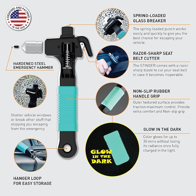Stinger Super Duty Car Emergency Escape Tool - Hardened Carbon Steel Safety Hammer, Spring-Loaded Window Breaker, Razor-Sharp Seat Belt Cutter, Life-Saving Rescue Tool (Green and Green)