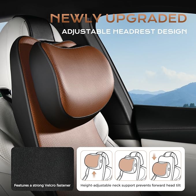 Coverado Neck and Lumbar Support for Car, Ergonomic Memory Foam& Breathable Leather Car Back Support, Adjustable-Height Velcro Design Car Neck Pillow, Car Cushion Neck Back Pain Relief, Black&Brown