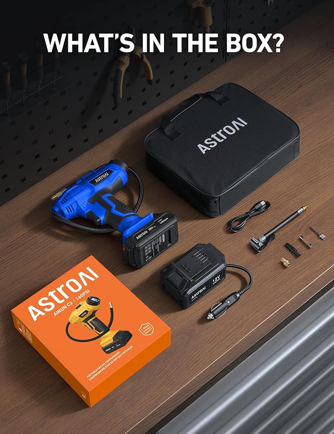 AstroAI C2 Cordless Tire Inflator Air Compressor 20V Rechargeable Battery Powered 160PSI Portable Handheld Air Pump with 12V Car Power Adapter Digital Pressure Gauge for Cars Motorcycles Gift Blue