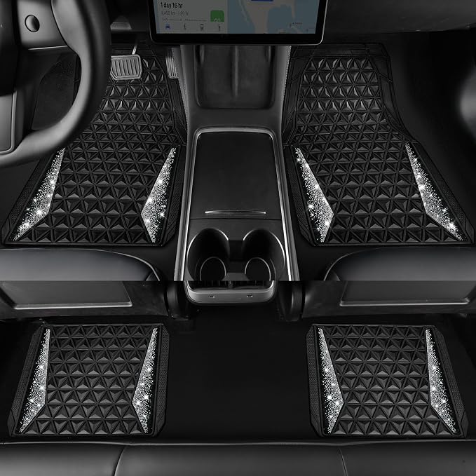 CAR PASS Bling Diamond Car Mats Rubber Floor Mats Full Set Anti-Slip 3D Rhombus Waterproof Trim to Fit Liner Universal Glitter Crystal Sparkly Shining Rhinestone Girl Women SUV Sedan Van, Black Silver