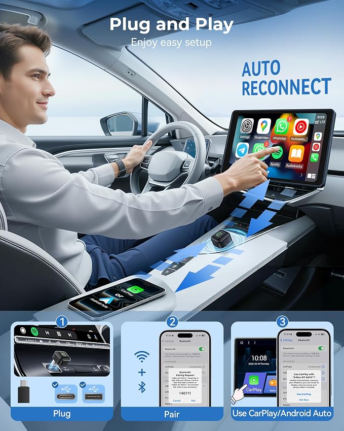 KUKIHO 2-in-1 Wireless CarPlay & Android Auto Adapter – Instant Auto-Connect, Low Latency, USB-C & USB-A Compatible for Factory Wired CarPlay Vehicles