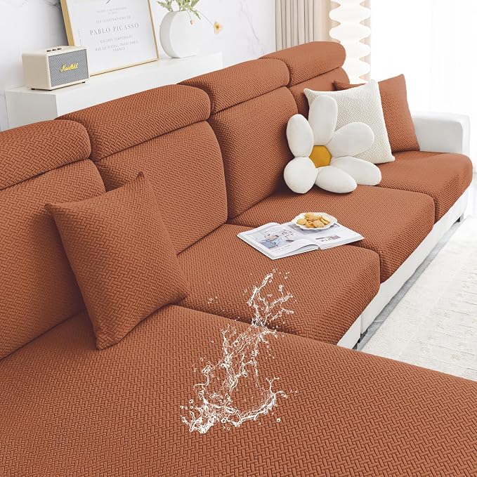 Smiry Waterproof Couch Cushion Covers, Stretch Jacquard Thick Sofa Cushion Covers, Washable Seat Slipcover Elastic Furniture Protector for Pets, Kid (Large, Rust)