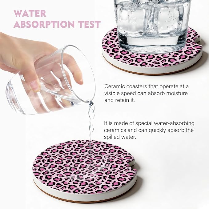 2 Pack Car Coasters for Cup Holders, Absorbent Ceramic Cup Coaster with Cork Base and Finger Notch, Cute Car Accessories Interior for Women Men (Leopard-Pink)
